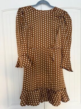 Itasca Brown and White Polka Dot Long Sleeve Ruffle Hem Dress